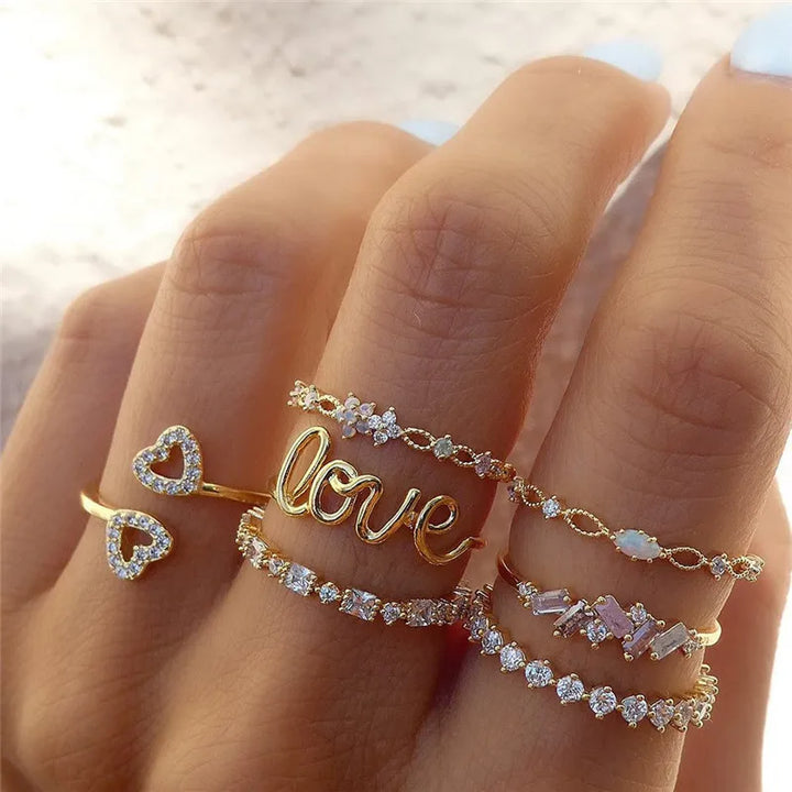 Love Heart Crystal Gold Ring Set