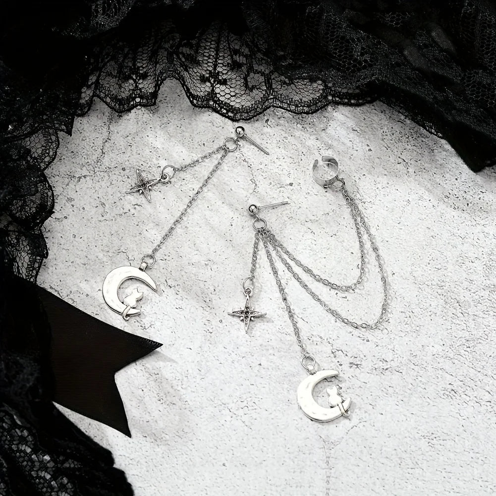 Moon Cat Drop Chain Earrings