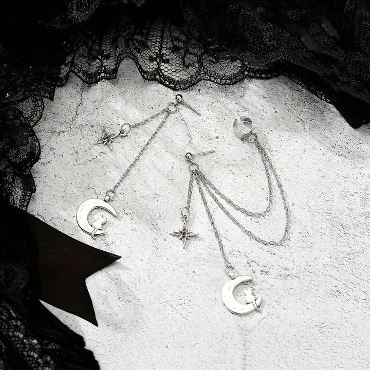 Moon Cat Drop Chain Earrings