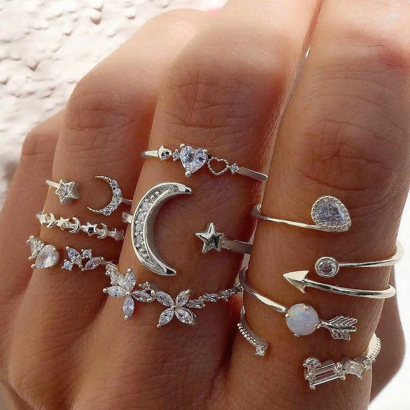Moon Crystal Silver Ring Set