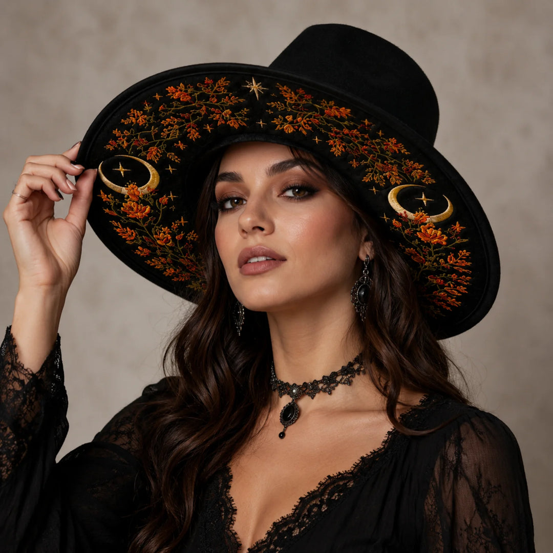 Moon Floral Jack O Lantern Fedora Wide Brim Hat