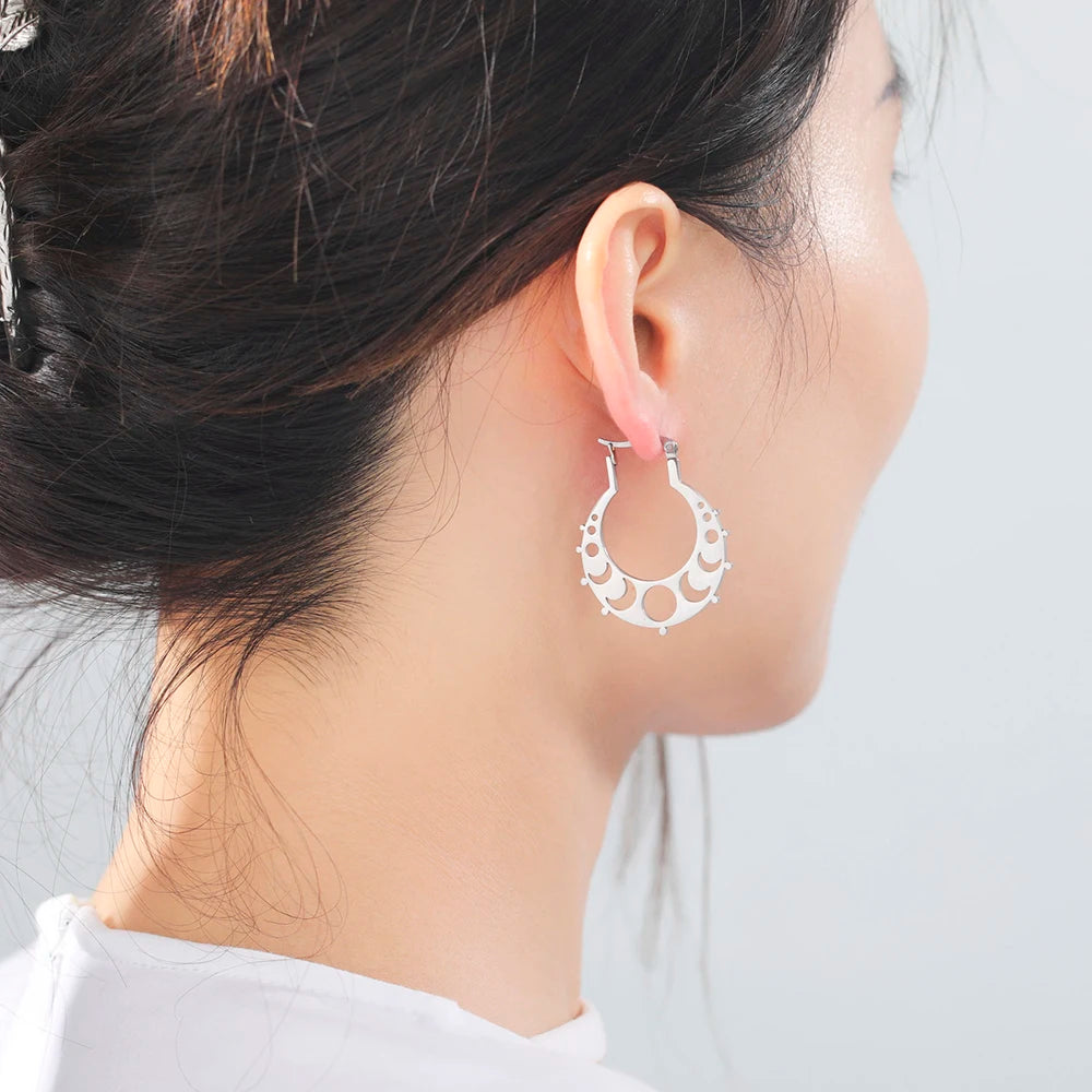 Moon Phase Hoop Silver Earrings