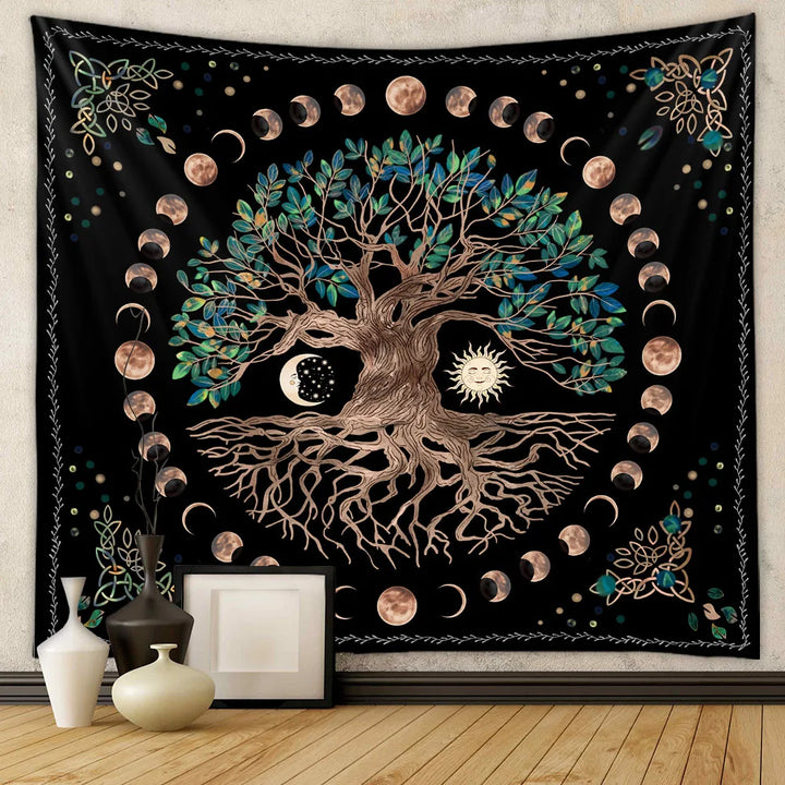 Moon Phase Sun Tree Tapestry