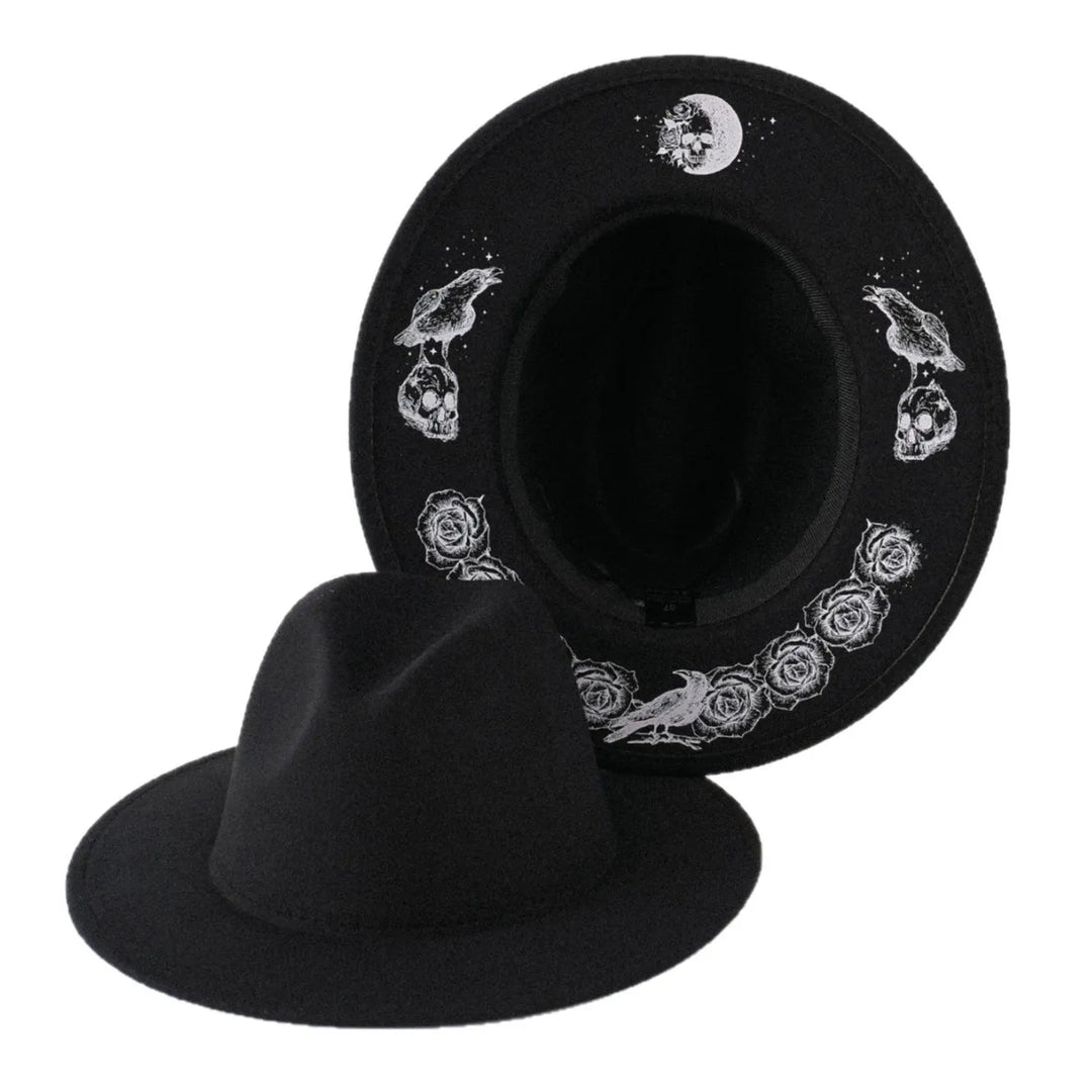 Moon Skull Raven Fedora Wide Brim Hat