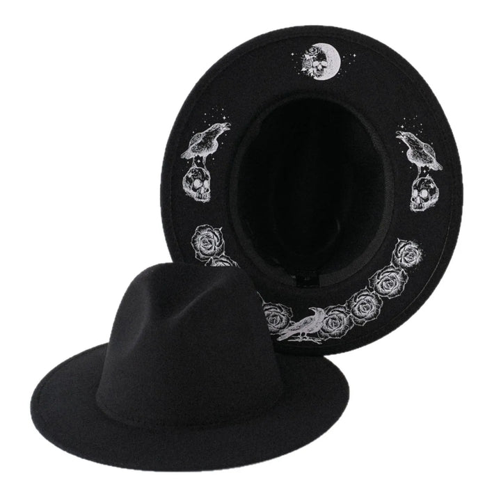 Moon Skull Raven Fedora Wide Brim Hat