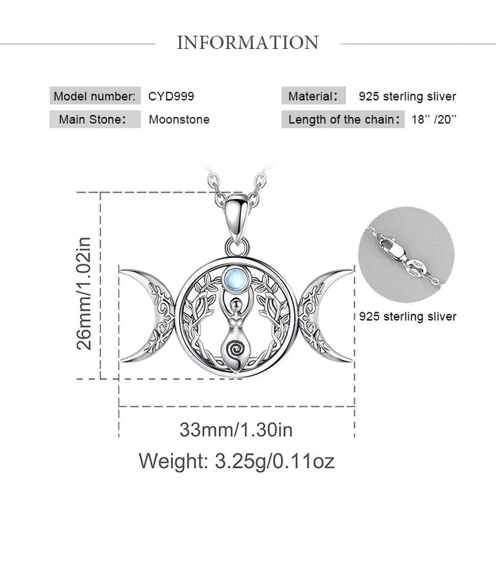 Moonstone Triple Goddess 925 Sterling Silver Necklace