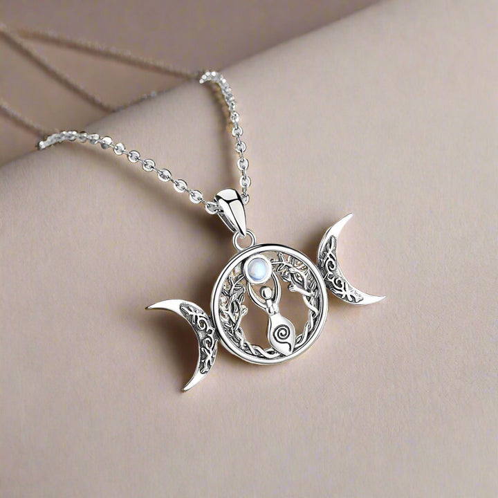 Moonstone Triple Moon Goddess Sterling Silver Necklaces
