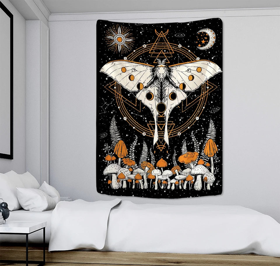 Moth Moon Phase Mushroom Tapestries