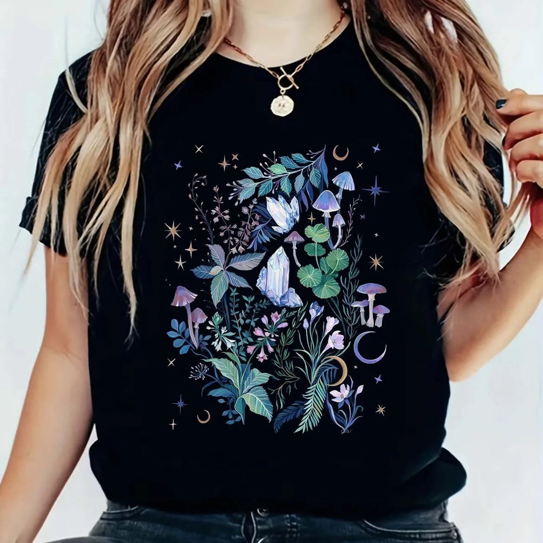 Mushroom Floral Crystal Moon T-Shirt