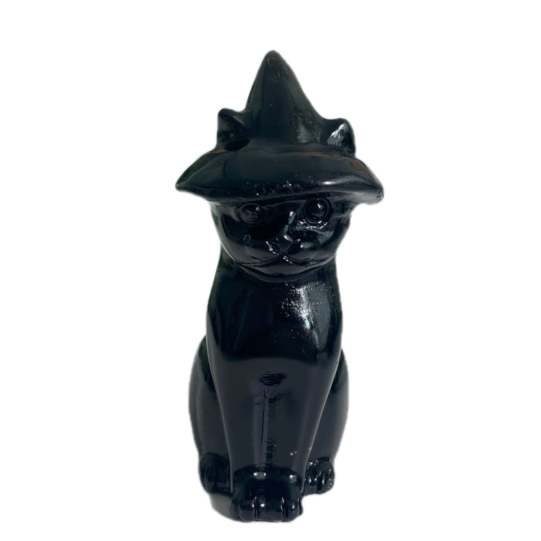Obsidian Cat Witch Hat Figurine