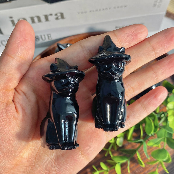 Obsidian Cat Witch Hat Figurines