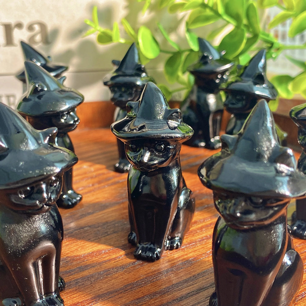 Obsidian Cat Witch Hat Statues