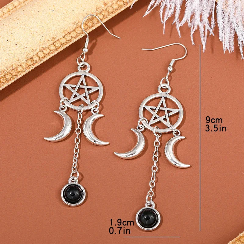 Obsidian Crystal Pentacle Moon Earrings