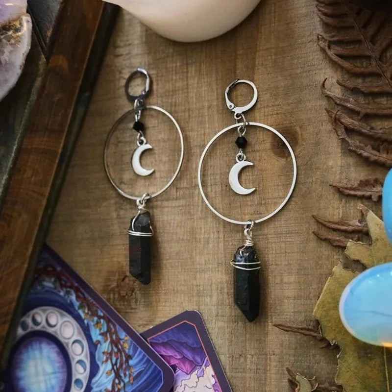 Obsidian Moon Ear Hook Earrings