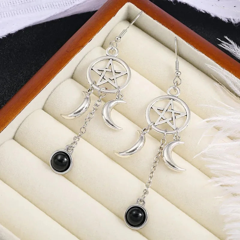 Obsidian Pentacle Moon Earrings