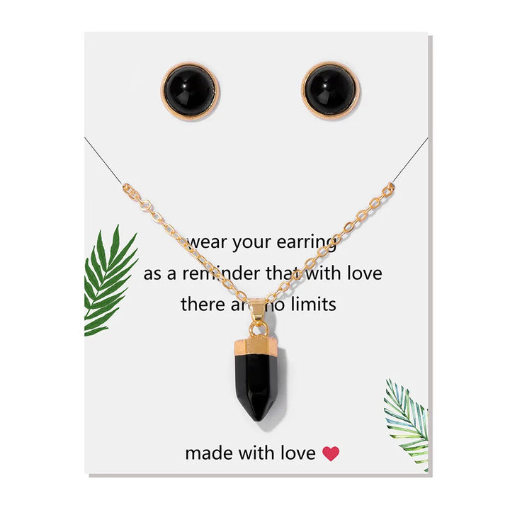 Obsidian Point Gold Pendant Necklace & Earrings