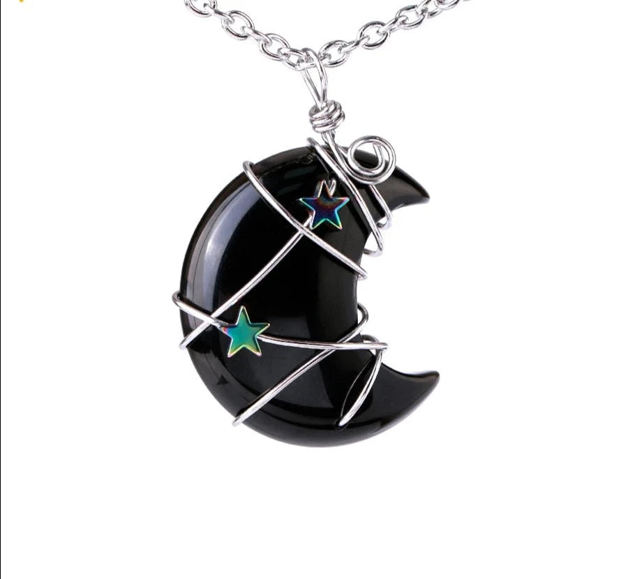 Onyx Crescent Moon & Star Wire Wrap Silver Necklace