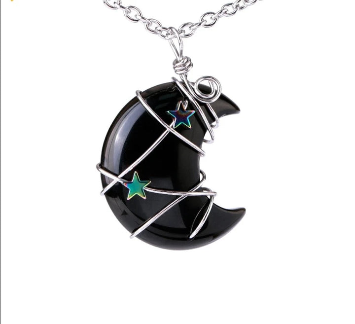 Onyx Crescent Moon & Star Wire Wrap Silver Necklace
