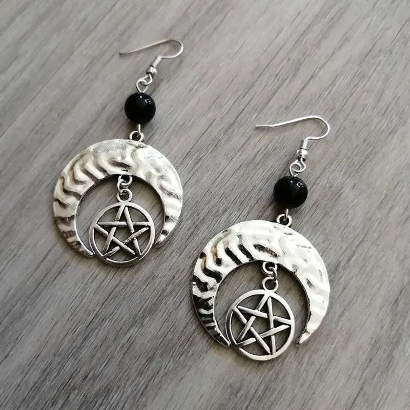 Onyx Pentacle Moon Silver Earrings