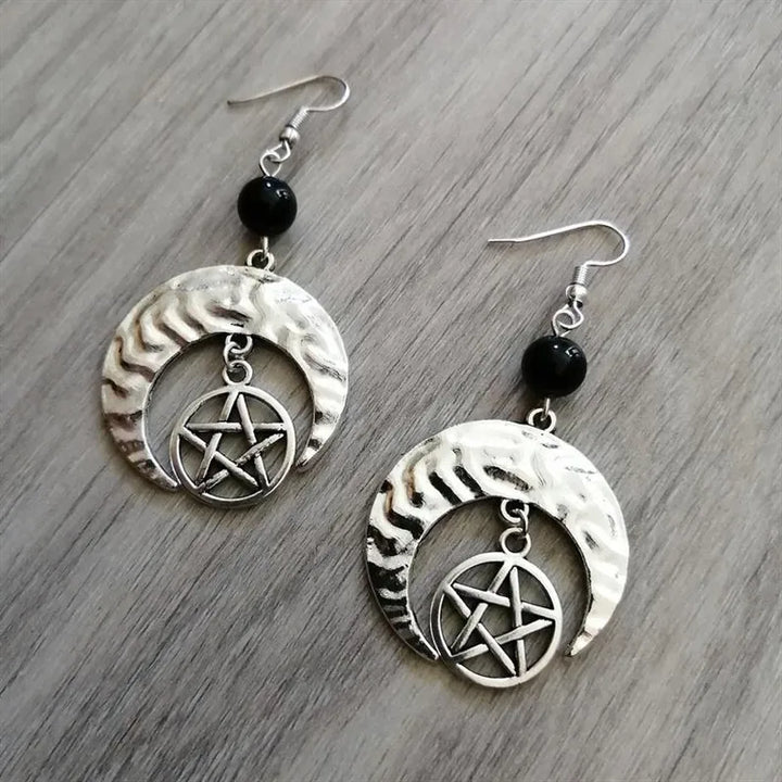 Onyx Pentacle Moon Silver Earrings