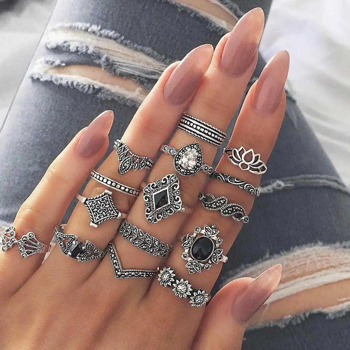 Onyx Silver Boho Ring Set