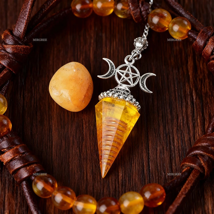 Orange Agate Triple Moon Pentacle Pendulum
