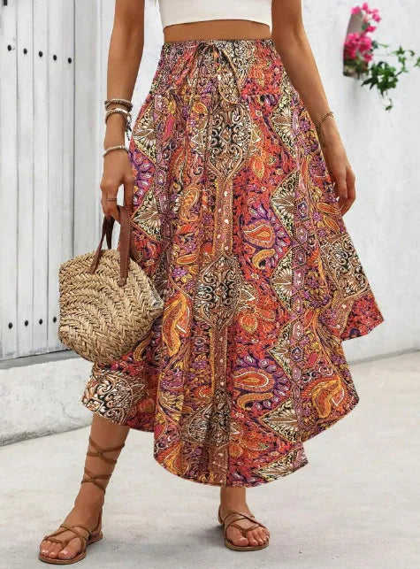 Orange Pink Floral Boho Skirt