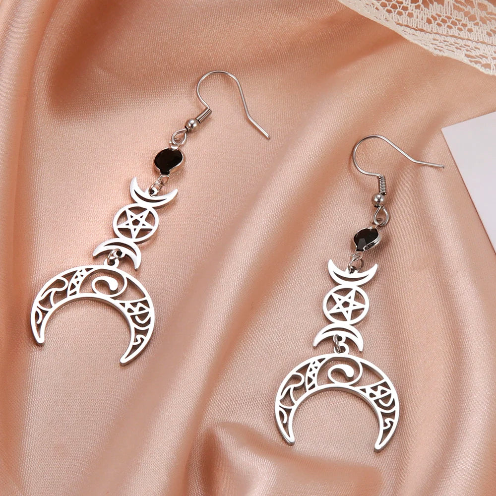 Pagan Silver Pentacle Moon Earrings