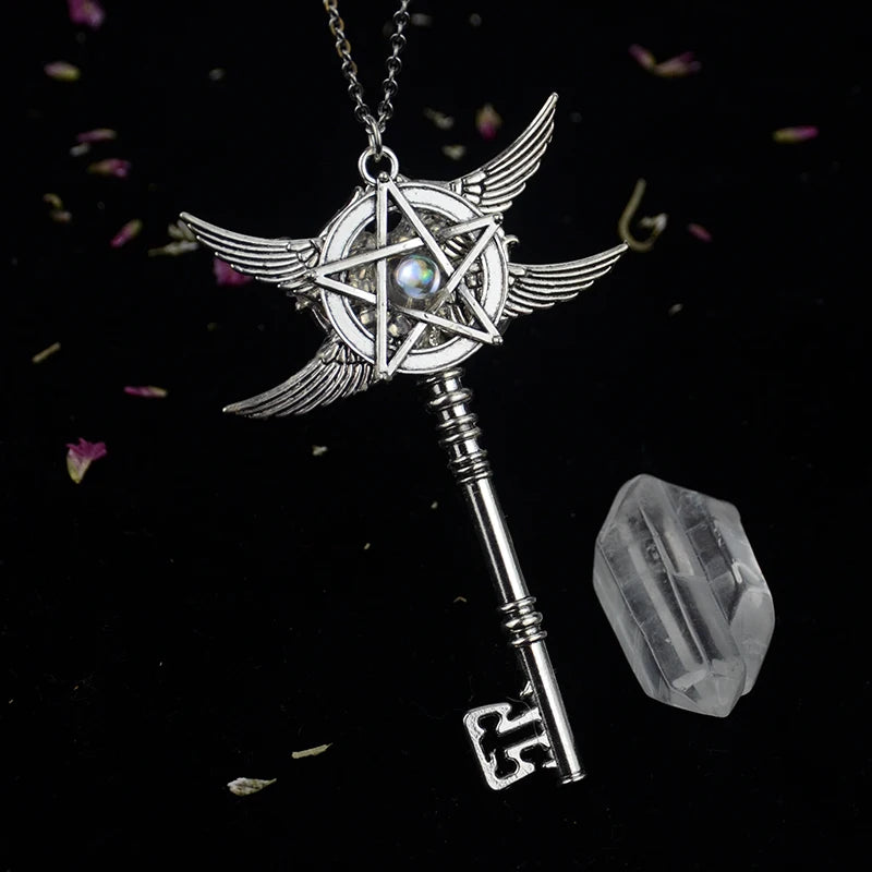 Pentacle Angel Wings Key Necklace