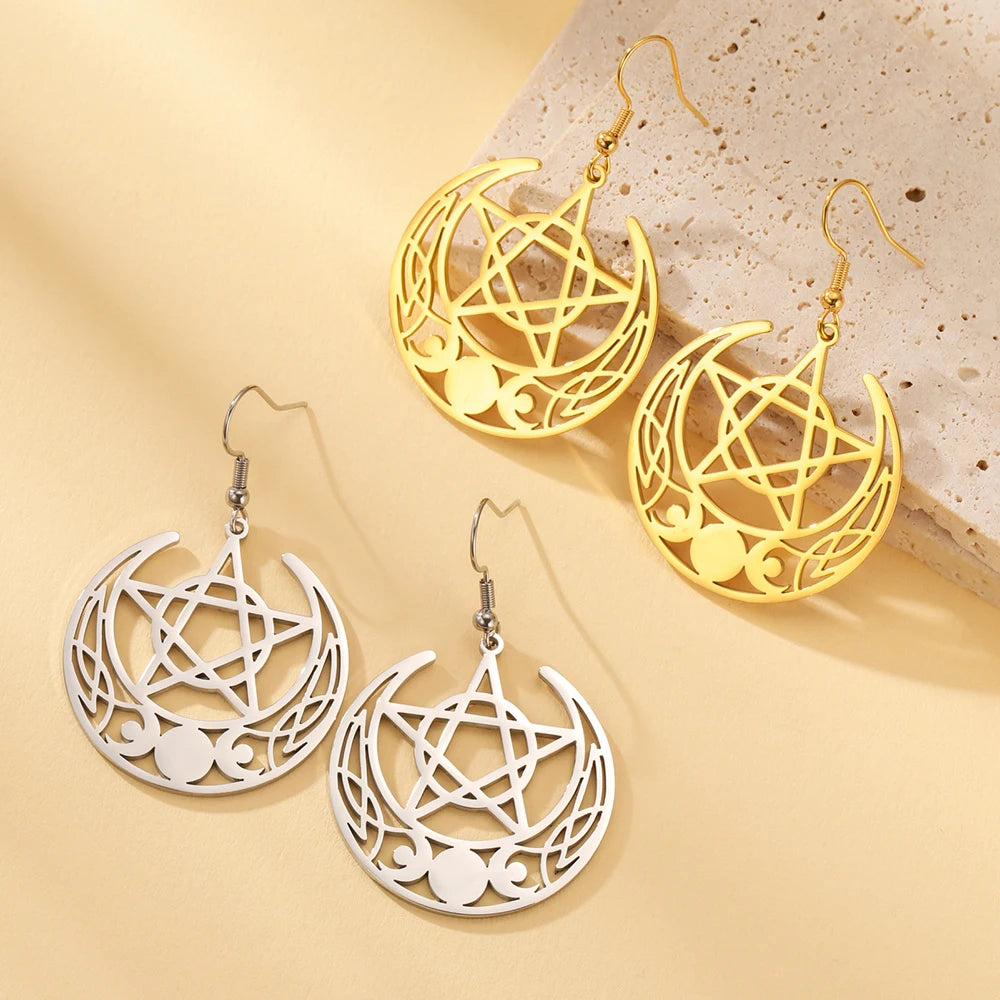 Pentacle Crescent Moon Earrings Gold & Silver