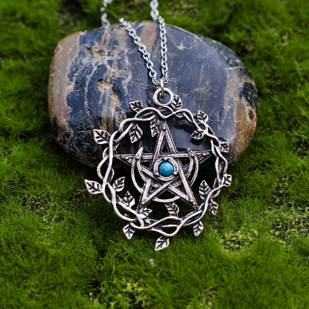 Pentacle Leaf Branch Blue Stone Necklace