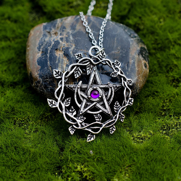 Pentacle Leaf Branch Purple Stone Necklace