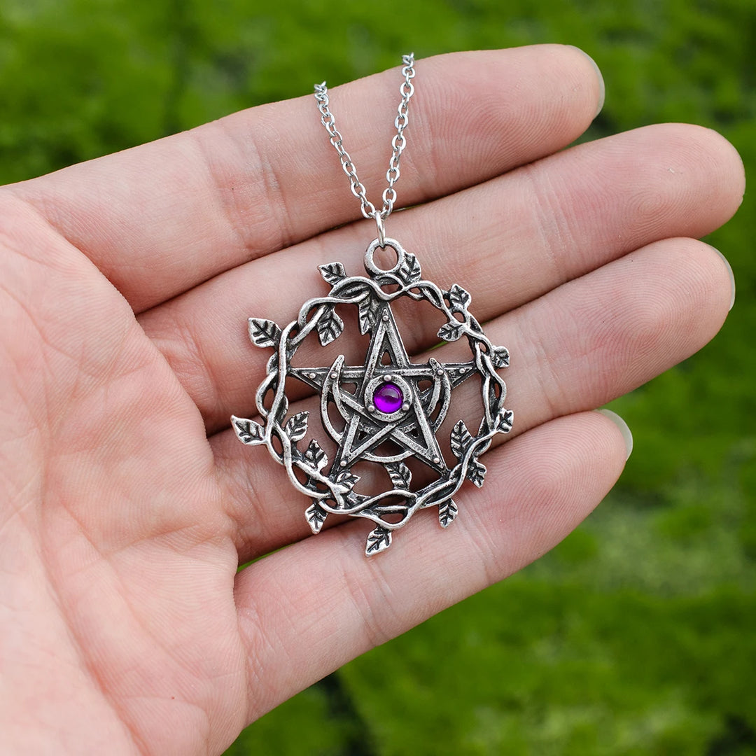 Pentacle Moon Leaf Stone Necklace