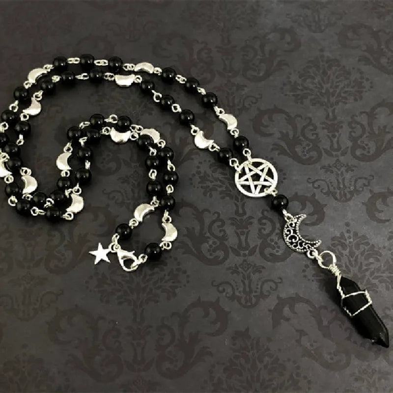 Pentacle Moon Onyx Bead Necklace