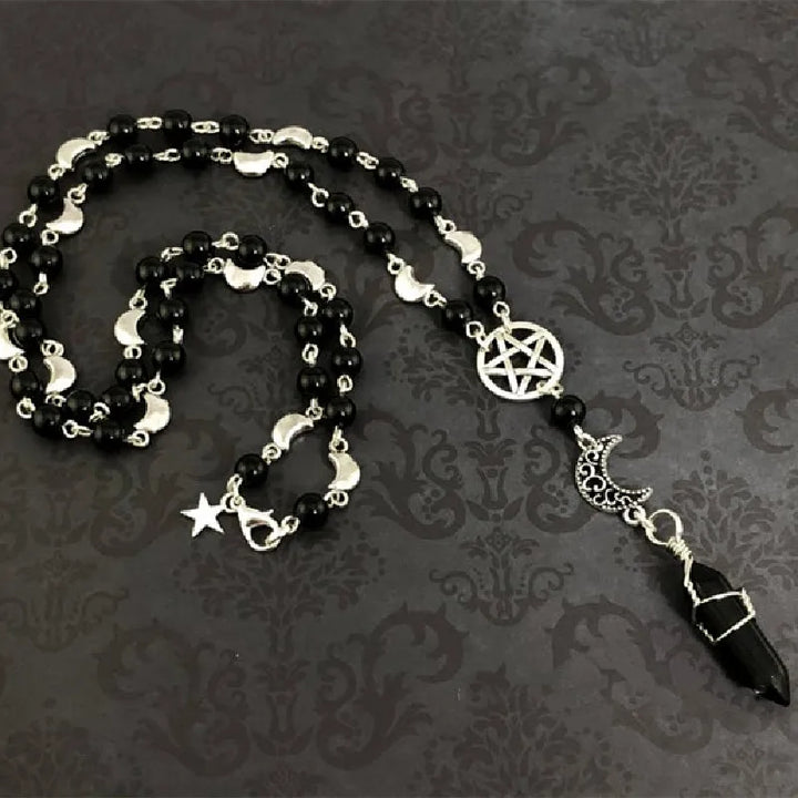 Pentacle Moon Onyx Bead Necklace