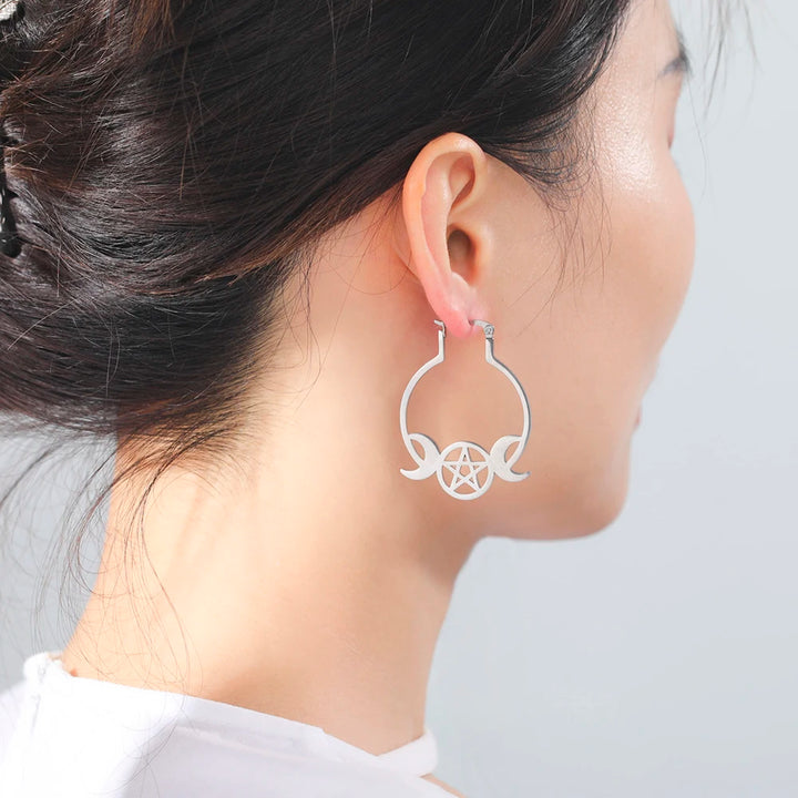 Pentacle Moons Hoop Silver Earrings