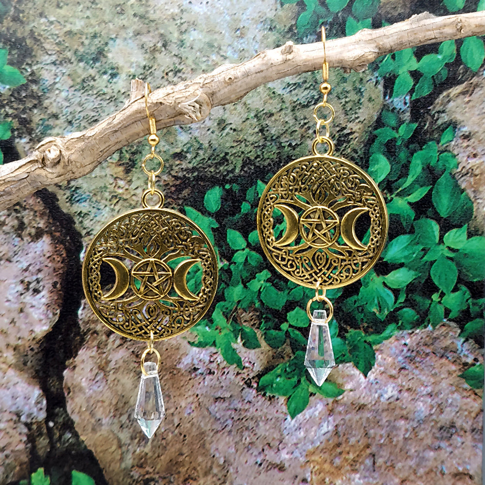 Pentacle Triple Moon Tree Gold Crystal Earrings