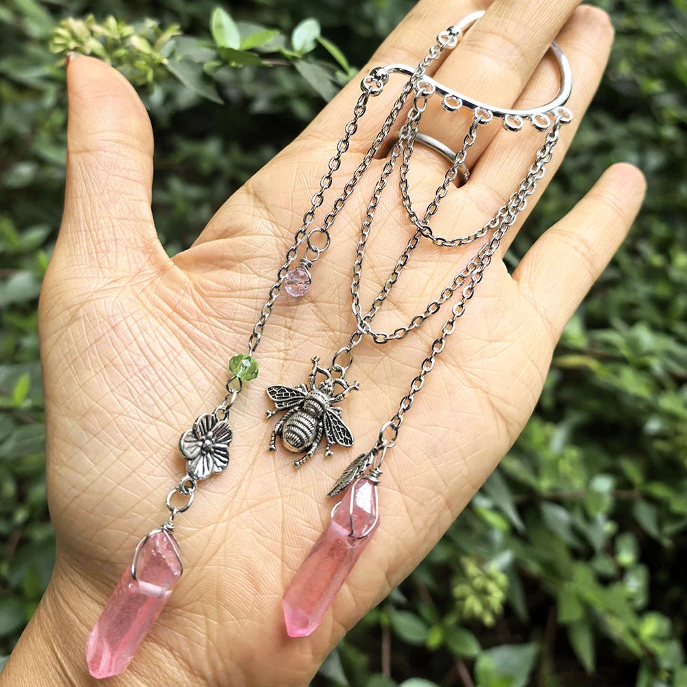Pink Aura Quartz Bee Flower Ear Cuffs