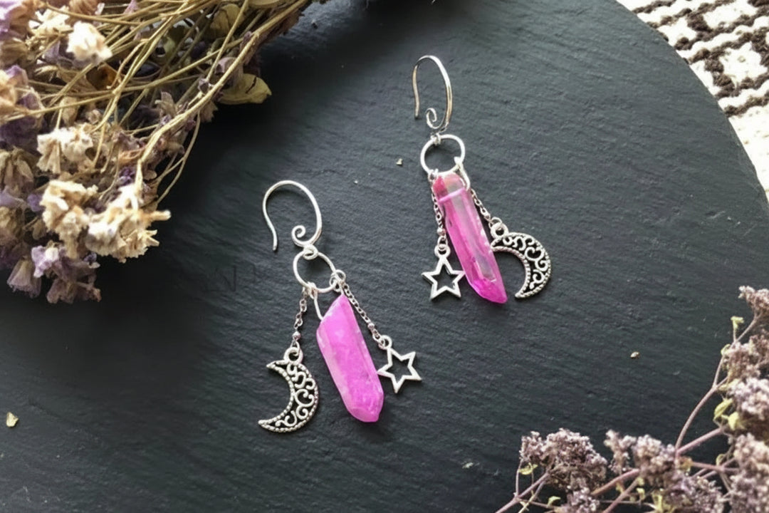 Pink Aura Quartz Crescent Silver Moon Earrings