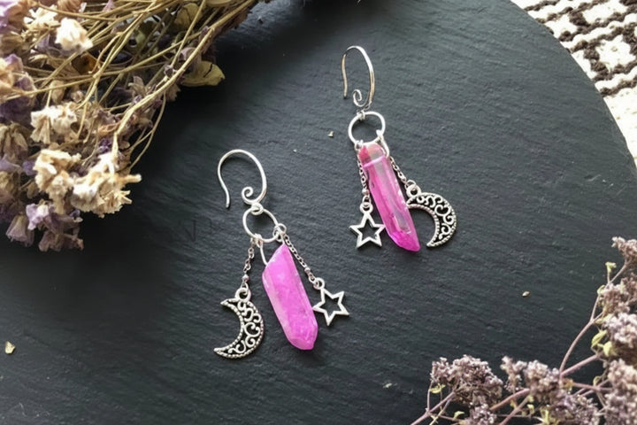 Pink Aura Quartz Crescent Silver Moon Earrings