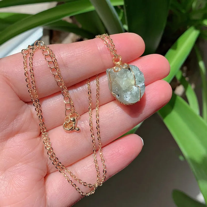 Prehnite Wire Wrap Gold Necklace