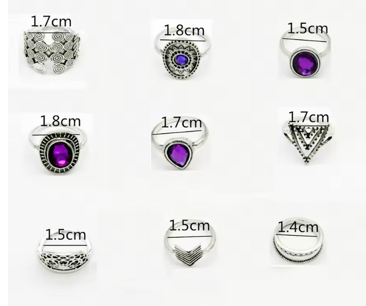Purple Gem Boho Ring Set Sizes