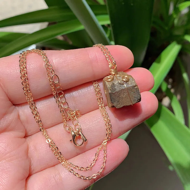 Pyrite Wire Wrap Gold Necklace