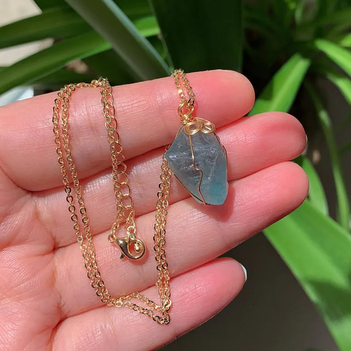 Rainbow Fluorite Wire Wrap Gold Necklace
