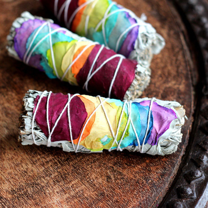 Rainbow Rose Petals and White Sage Smudge Stick