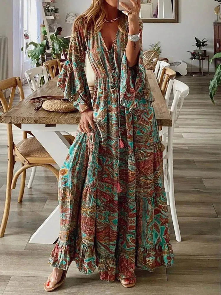 Red Blue Boho Floral Dress