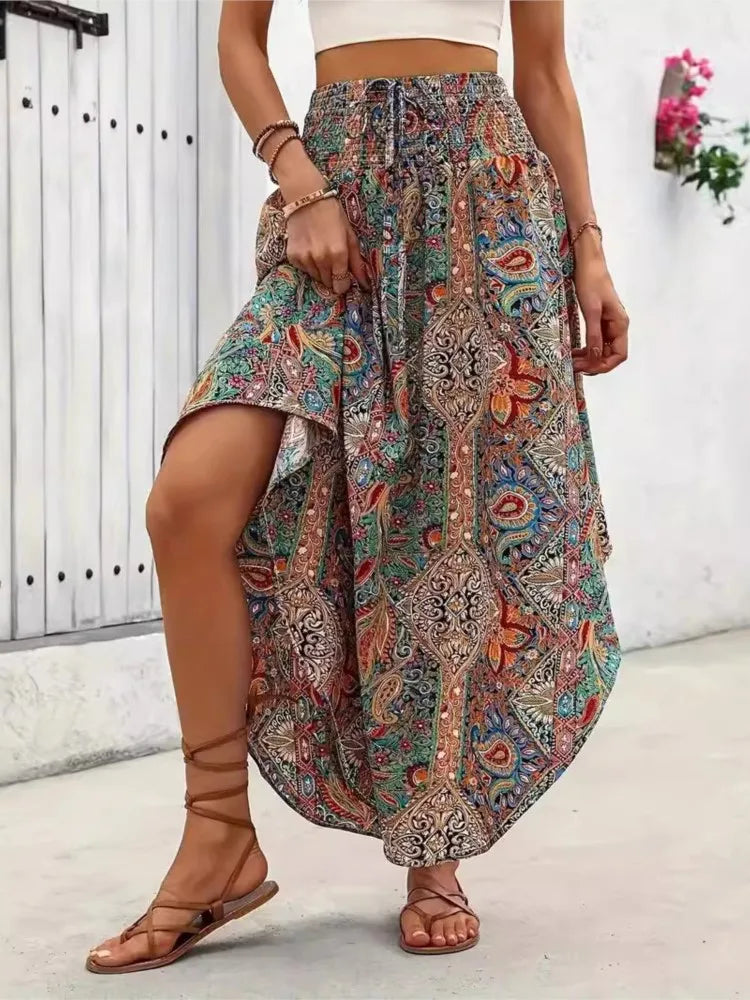 Red Blue Green Boho Floral Skirt