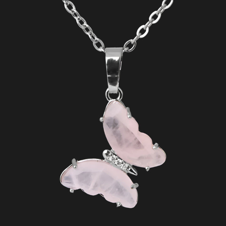 Rose Quartz Butterfly Silver Necklace