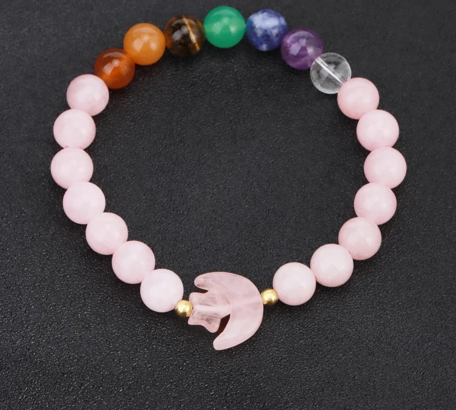 Rose Quartz Chakra Crystal Moon Bead Bracelets