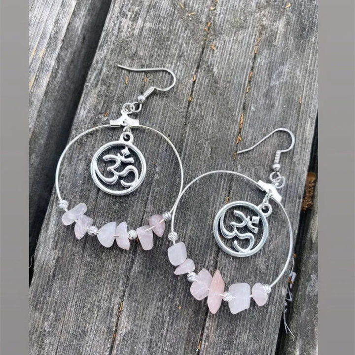 Rose Quartz & Clear Quartz OM Silver Hoop Earrings